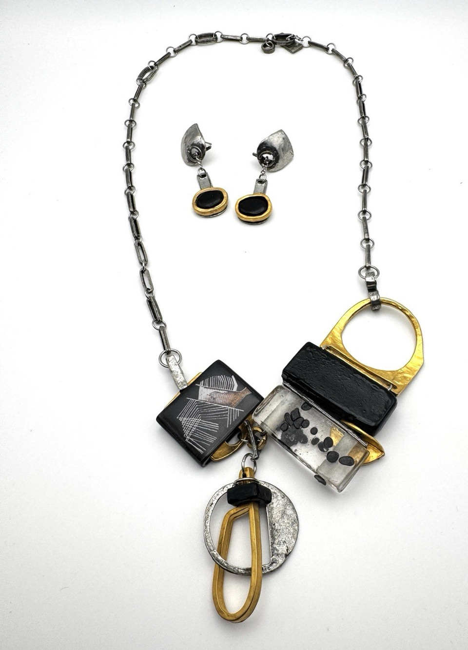 Anne-Marie Chagnon Modernist Mixed Media Statement Necklace & Matching Earrings